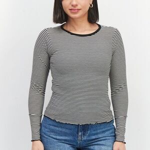 New Look Round Neck Long Sleeve Stripe Top White and Black